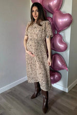 PinkBlush Beige Floral Pleated Short Sleeve Chiffon Maternity Midi Dress - 