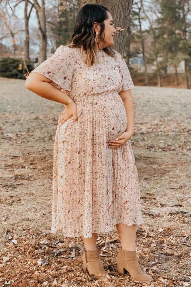 PinkBlush Beige Floral Pleated Short Sleeve Chiffon Maternity Midi Dress - 