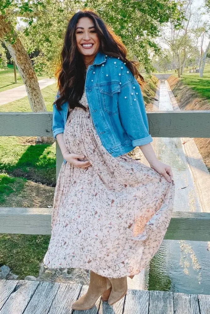 PinkBlush Beige Floral Pleated Short Sleeve Chiffon Maternity Midi Dress - 