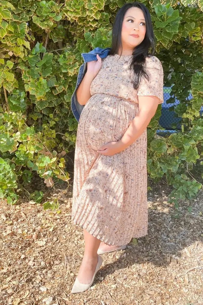 PinkBlush Beige Floral Pleated Short Sleeve Chiffon Maternity Midi Dress - 