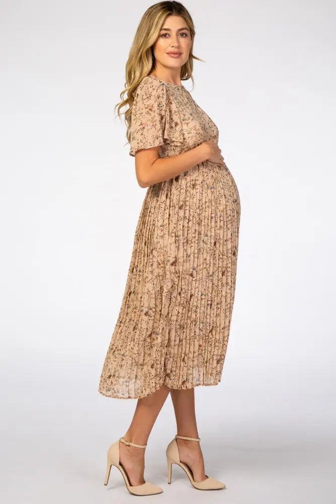 PinkBlush Beige Floral Pleated Short Sleeve Chiffon Maternity Midi Dress - 
