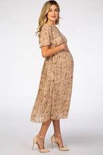 PinkBlush Beige Floral Pleated Short Sleeve Chiffon Maternity Midi Dress - 