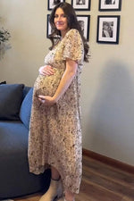 PinkBlush Beige Floral Pleated Short Sleeve Chiffon Maternity Midi Dress - 
