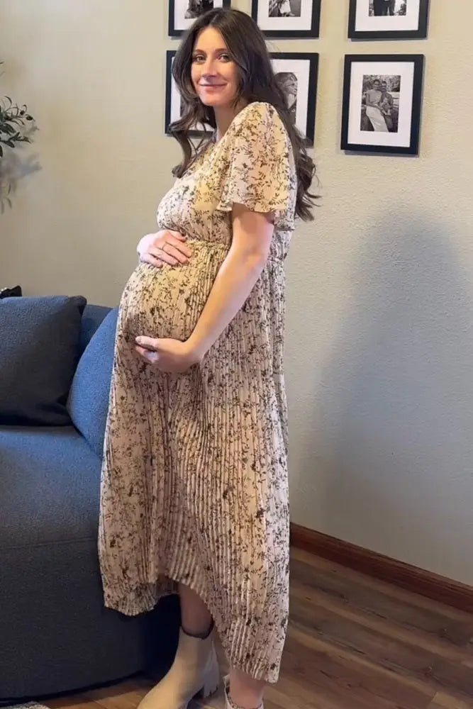PinkBlush Beige Floral Pleated Short Sleeve Chiffon Maternity Midi Dress - 