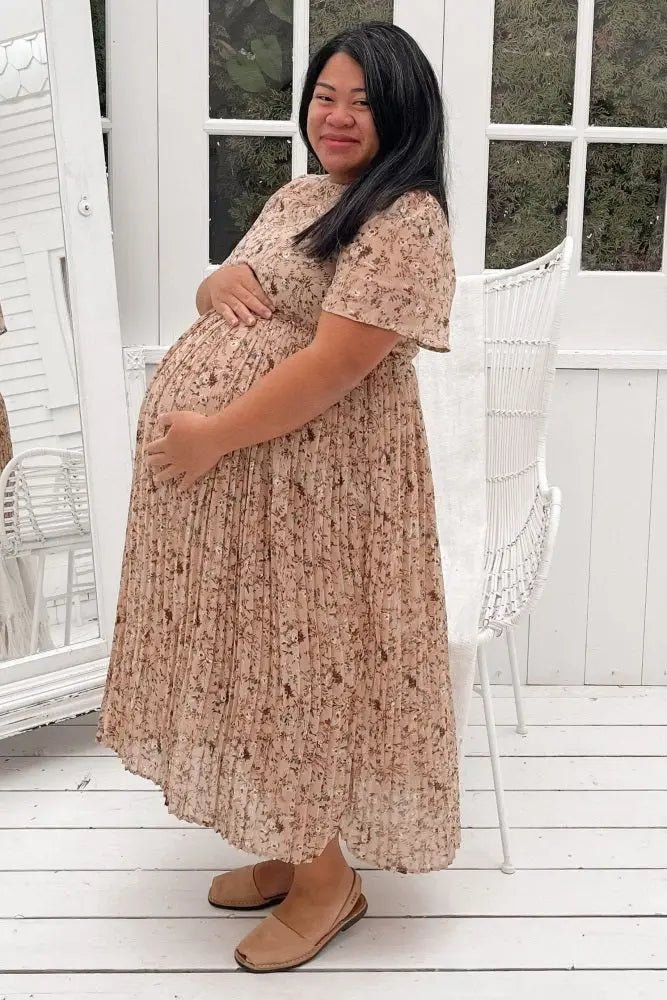 PinkBlush Beige Floral Pleated Short Sleeve Chiffon Maternity Midi Dress - 