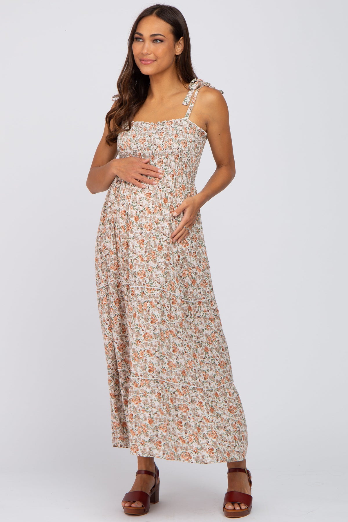 PinkBlush Beige Floral Sleeveless Tiered Maternity Maxi Dress Everetts Place