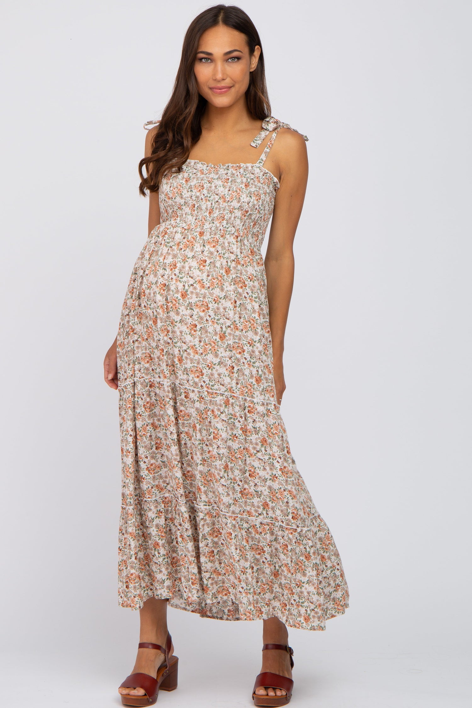 PinkBlush Beige Floral Sleeveless Tiered Maternity Maxi Dress Everetts Place