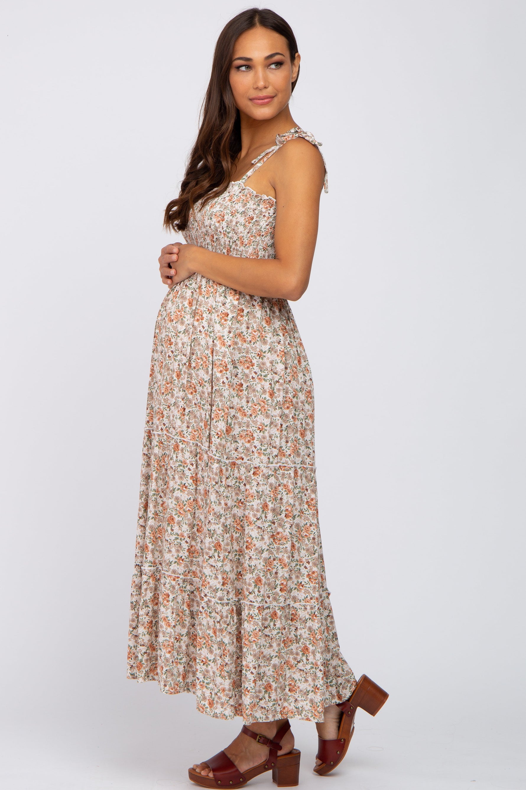 PinkBlush Beige Floral Sleeveless Tiered Maternity Maxi Dress Everetts Place