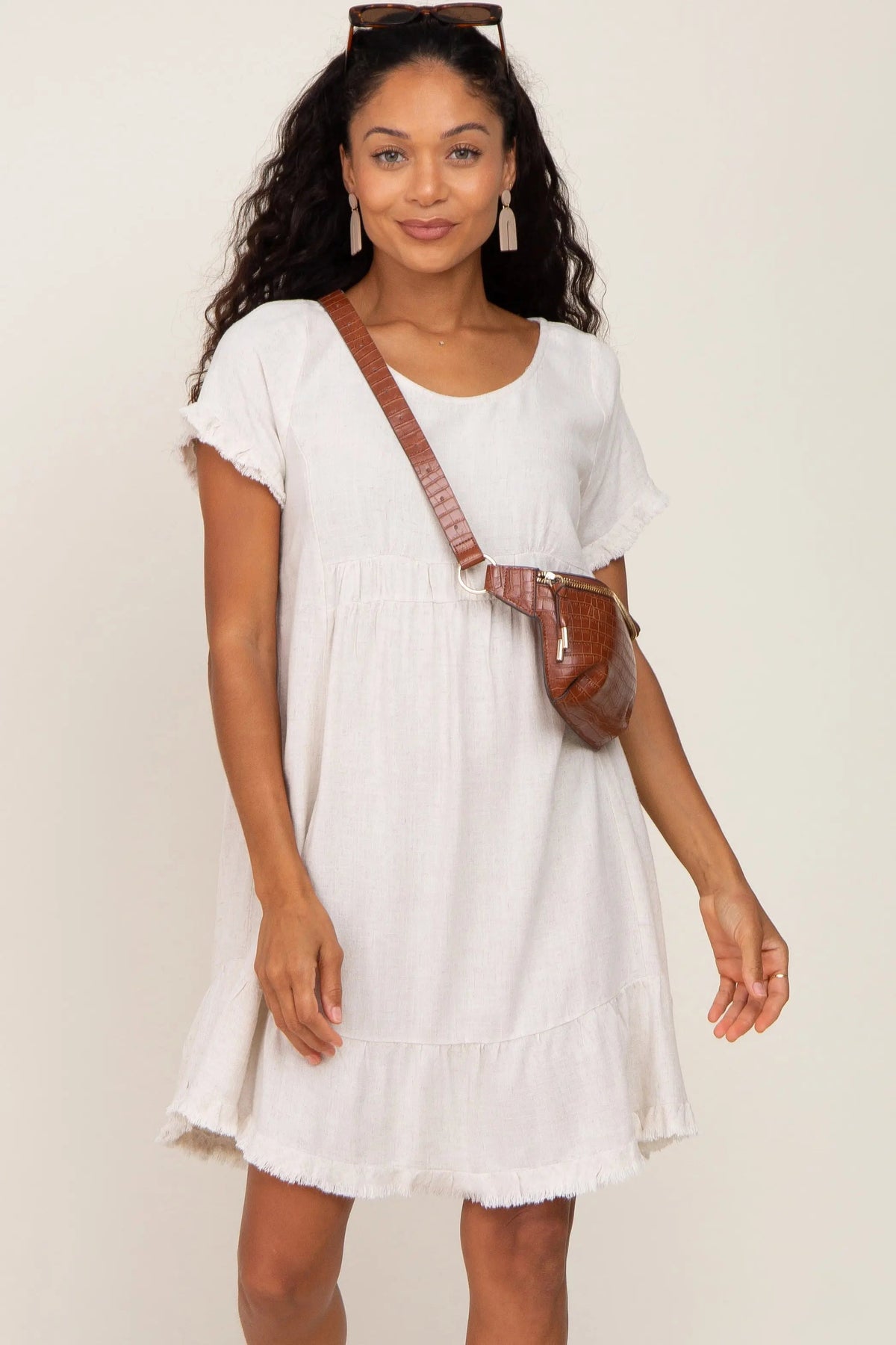 PinkBlush Beige Frayed Hem Dress - 