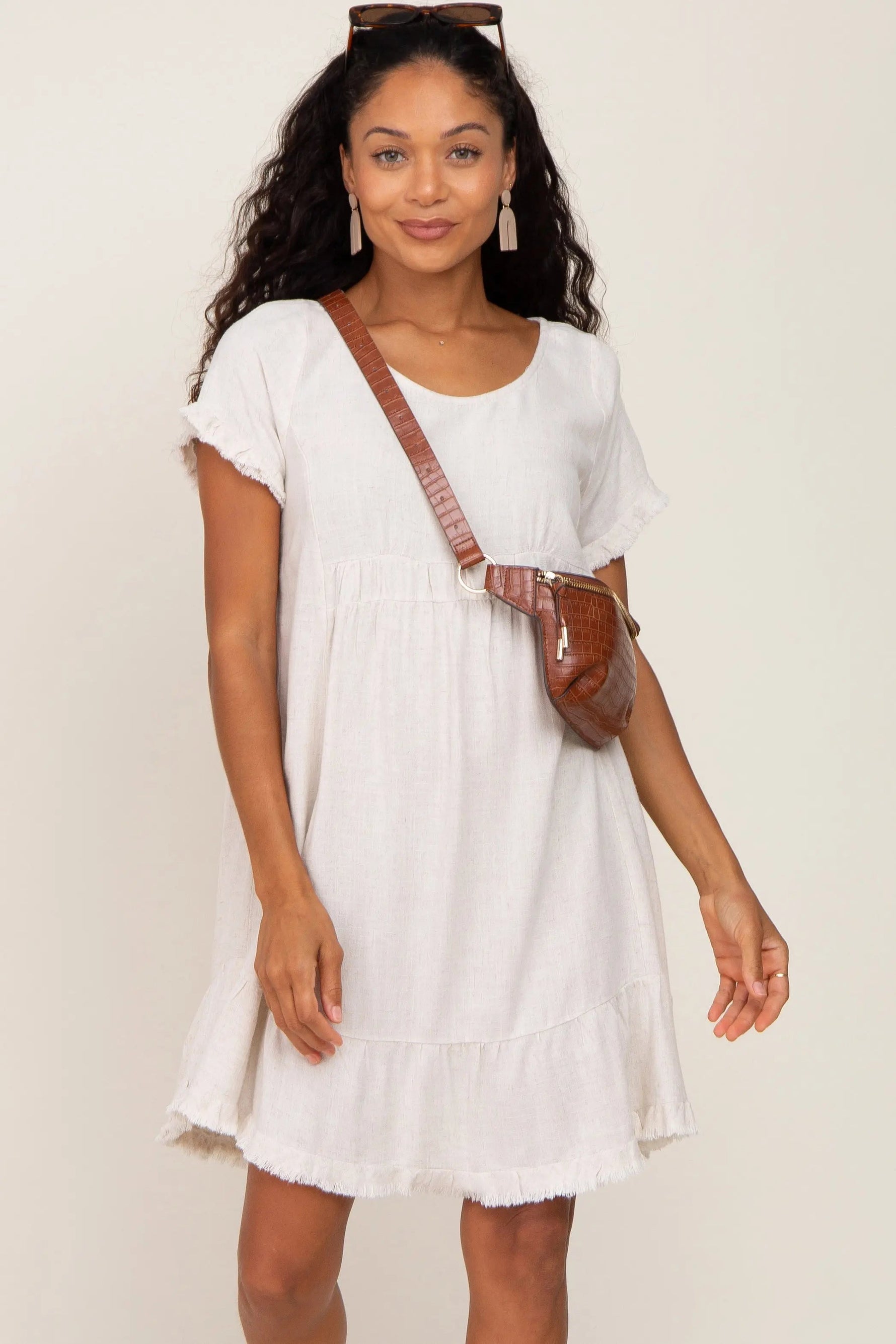 PinkBlush Beige Frayed Hem Dress - 