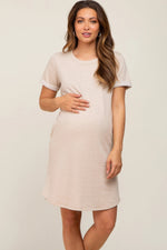 PinkBlush Beige French Terry Cuffed Short Sleeve Maternity Dress - 
