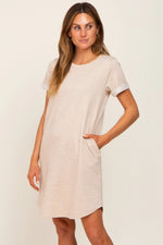 PinkBlush Beige French Terry Cuffed Short Sleeve Maternity Dress - 