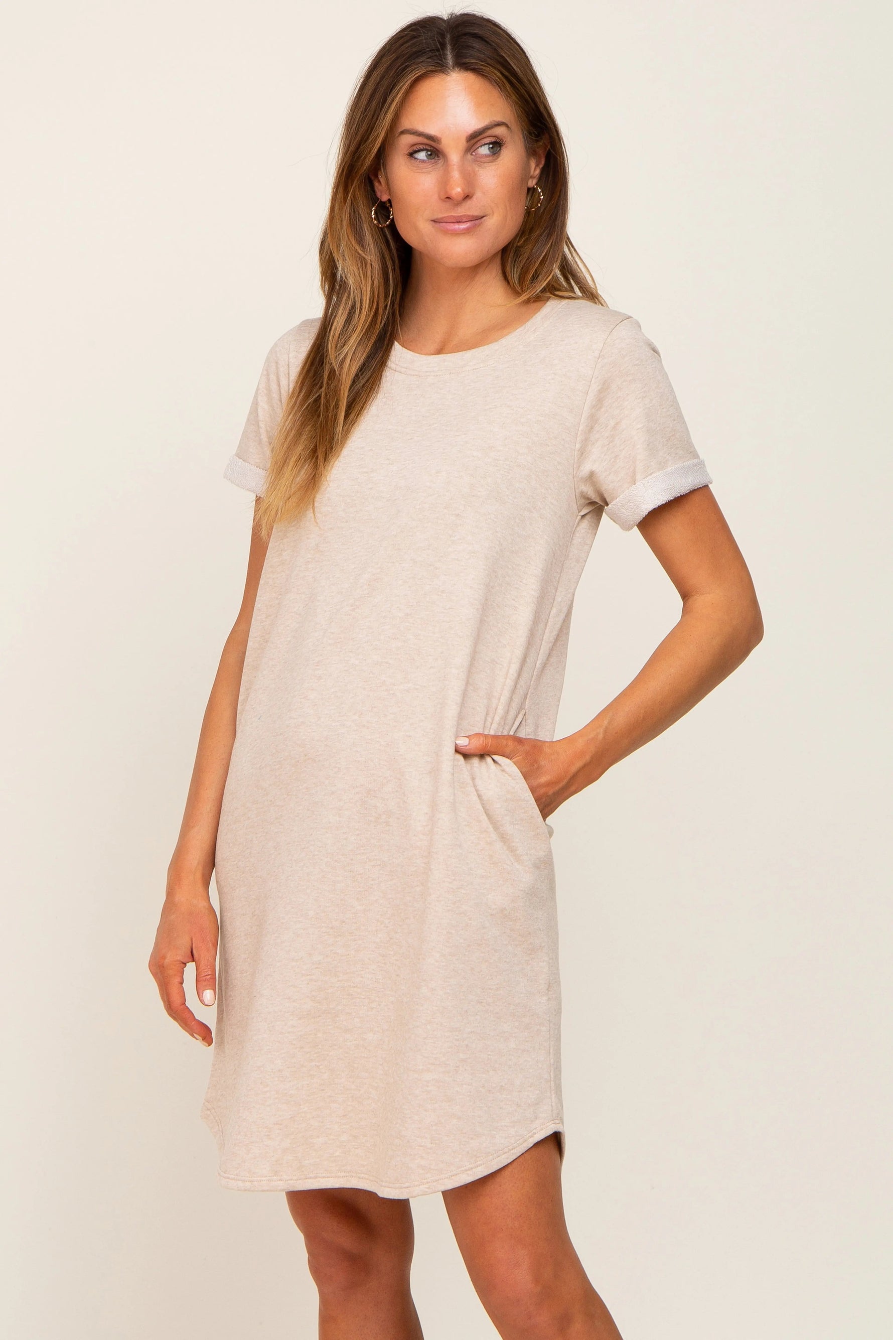 PinkBlush Beige French Terry Cuffed Short Sleeve Maternity Dress - 