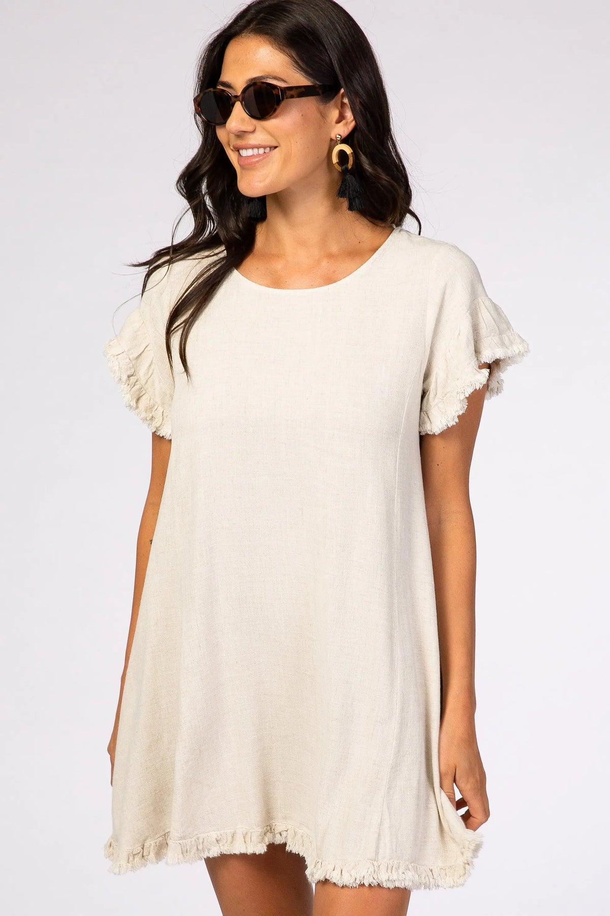 Beige Fringe Linen Dress - Sleeve, Textile, One-piece garment, Day Dress, Dress | Everetts Place
