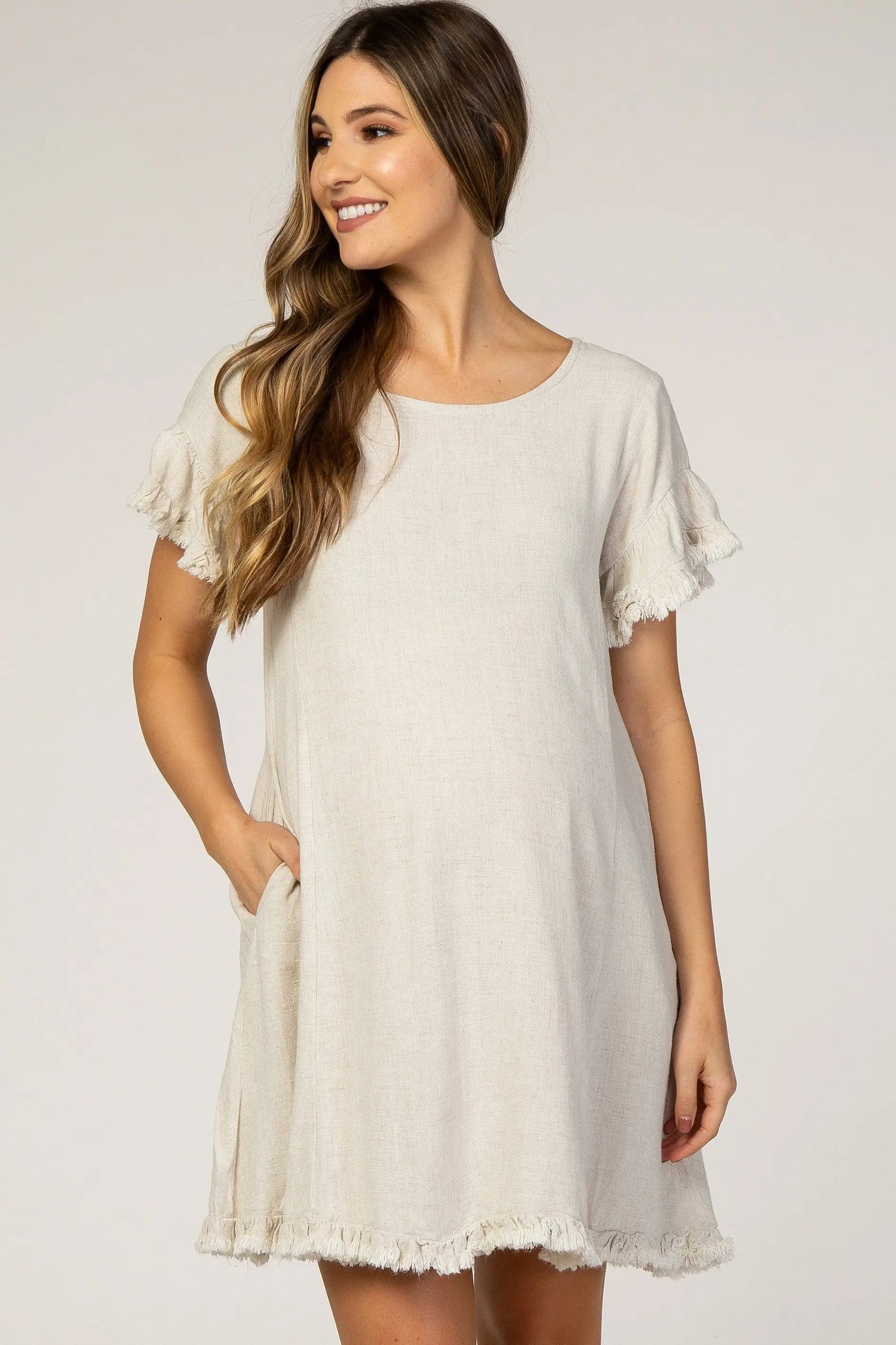 PinkBlush Beige Fringe Linen Maternity Dress - 