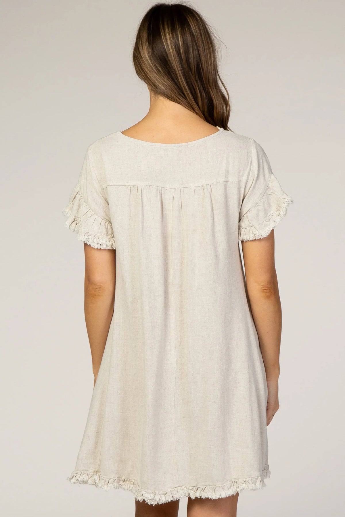 PinkBlush Beige Fringe Linen Maternity Dress - 