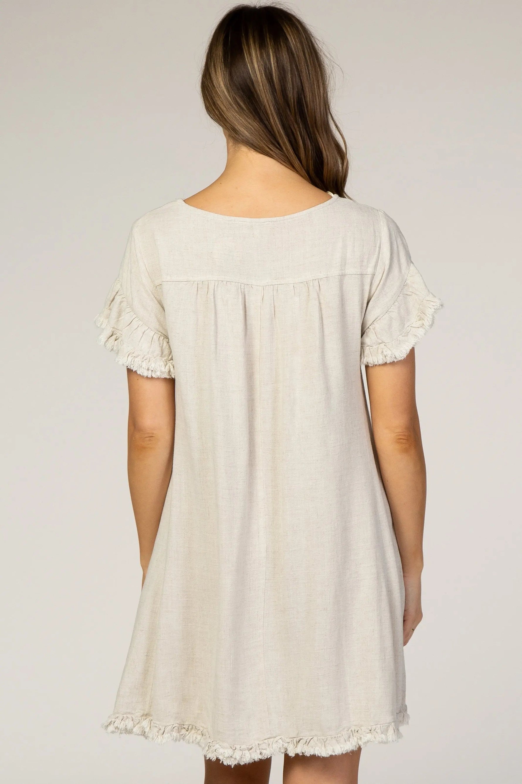 PinkBlush Beige Fringe Linen Maternity Dress - 