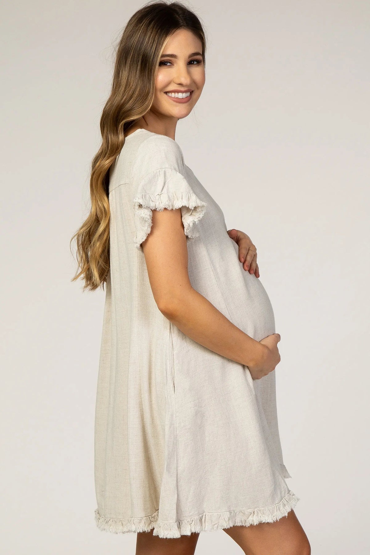 PinkBlush Beige Fringe Linen Maternity Dress - 