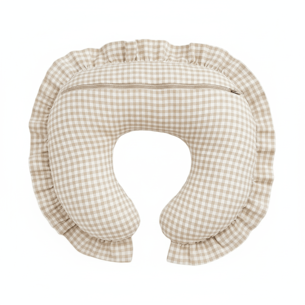 Little Mae & Co Beige Gingham Ruffle Nursing Pillow Cover - 