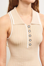 PinkBlush Beige Knit Colorblock Stripe Sleeveless Polo Dress - 