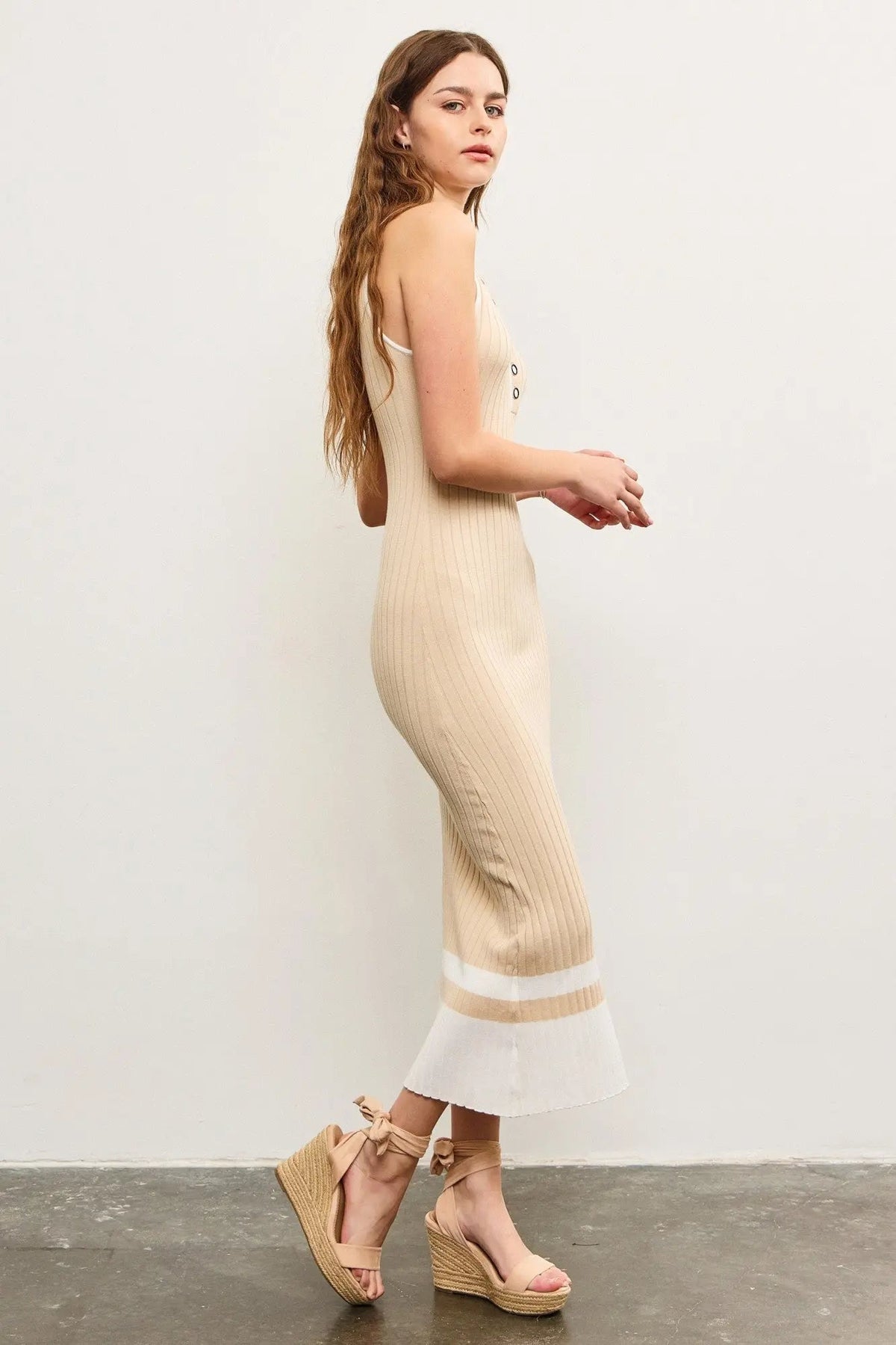 PinkBlush Beige Knit Colorblock Stripe Sleeveless Polo Dress - 
