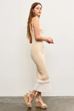 PinkBlush Beige Knit Colorblock Stripe Sleeveless Polo Dress - 
