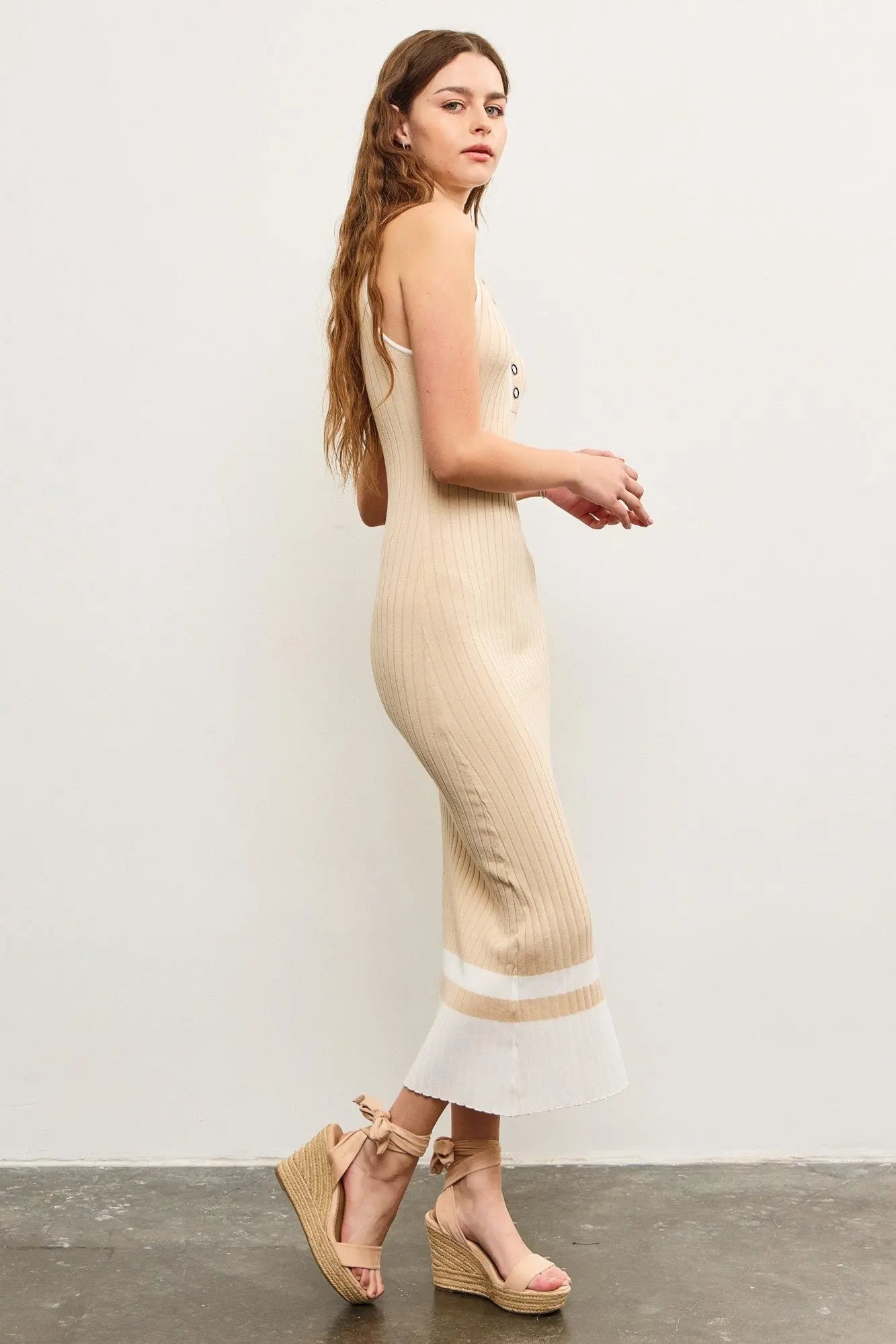 PinkBlush Beige Knit Colorblock Stripe Sleeveless Polo Dress - 