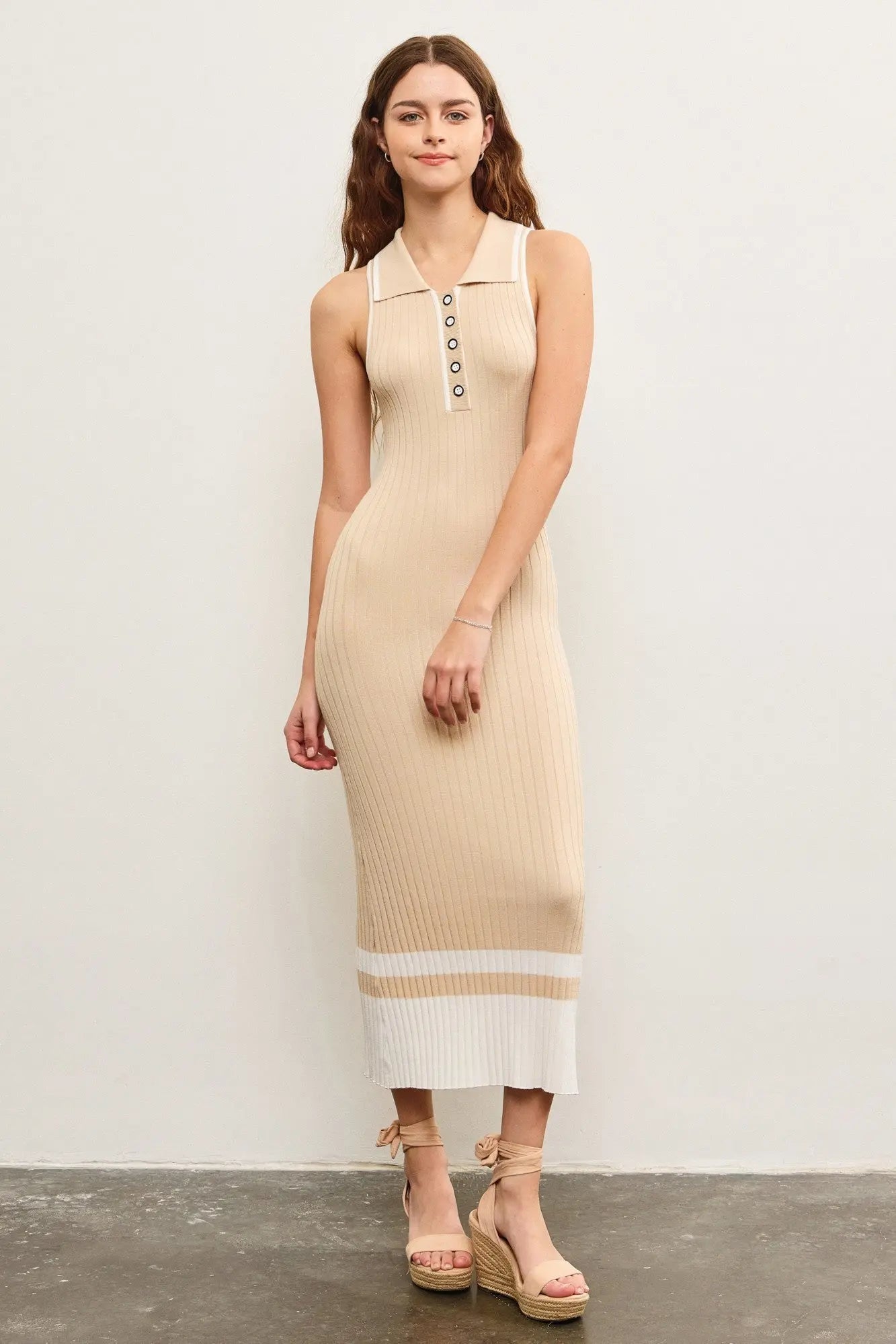 PinkBlush Beige Knit Colorblock Stripe Sleeveless Polo Dress - 