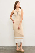 PinkBlush Beige Knit Colorblock Stripe Sleeveless Polo Dress - 