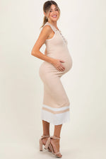 PinkBlush Beige Knit Colorblock Stripe Sleeveless Polo Maternity Dress - 