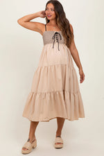PinkBlush Beige Lace Up Smocked Bodice Tiered Maternity Midi Dress - 