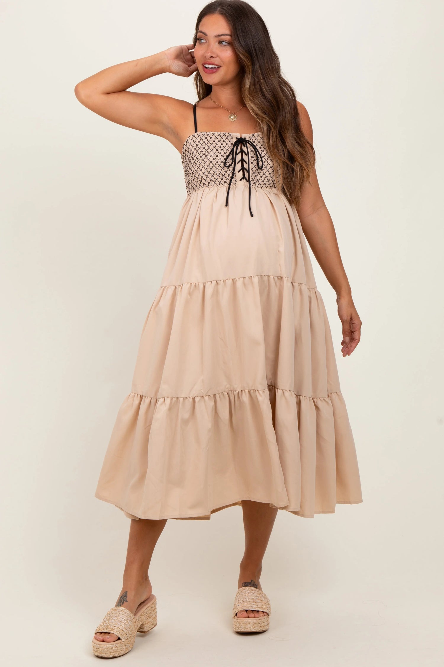 PinkBlush Beige Lace Up Smocked Bodice Tiered Maternity Midi Dress - 