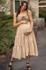 PinkBlush Beige Lace Up Smocked Bodice Tiered Maternity Midi Dress - 