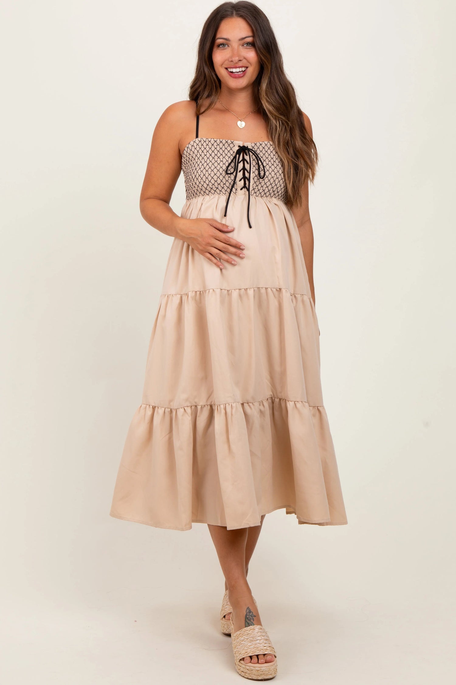 PinkBlush Beige Lace Up Smocked Bodice Tiered Maternity Midi Dress - 
