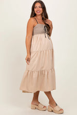 PinkBlush Beige Lace Up Smocked Bodice Tiered Maternity Midi Dress - 