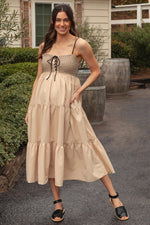 PinkBlush Beige Lace Up Smocked Bodice Tiered Maternity Midi Dress - 
