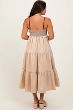 PinkBlush Beige Lace Up Smocked Bodice Tiered Maternity Midi Dress - 