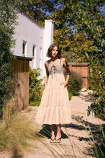 PinkBlush Beige Lace Up Smocked Bodice Tiered Midi Dress - 