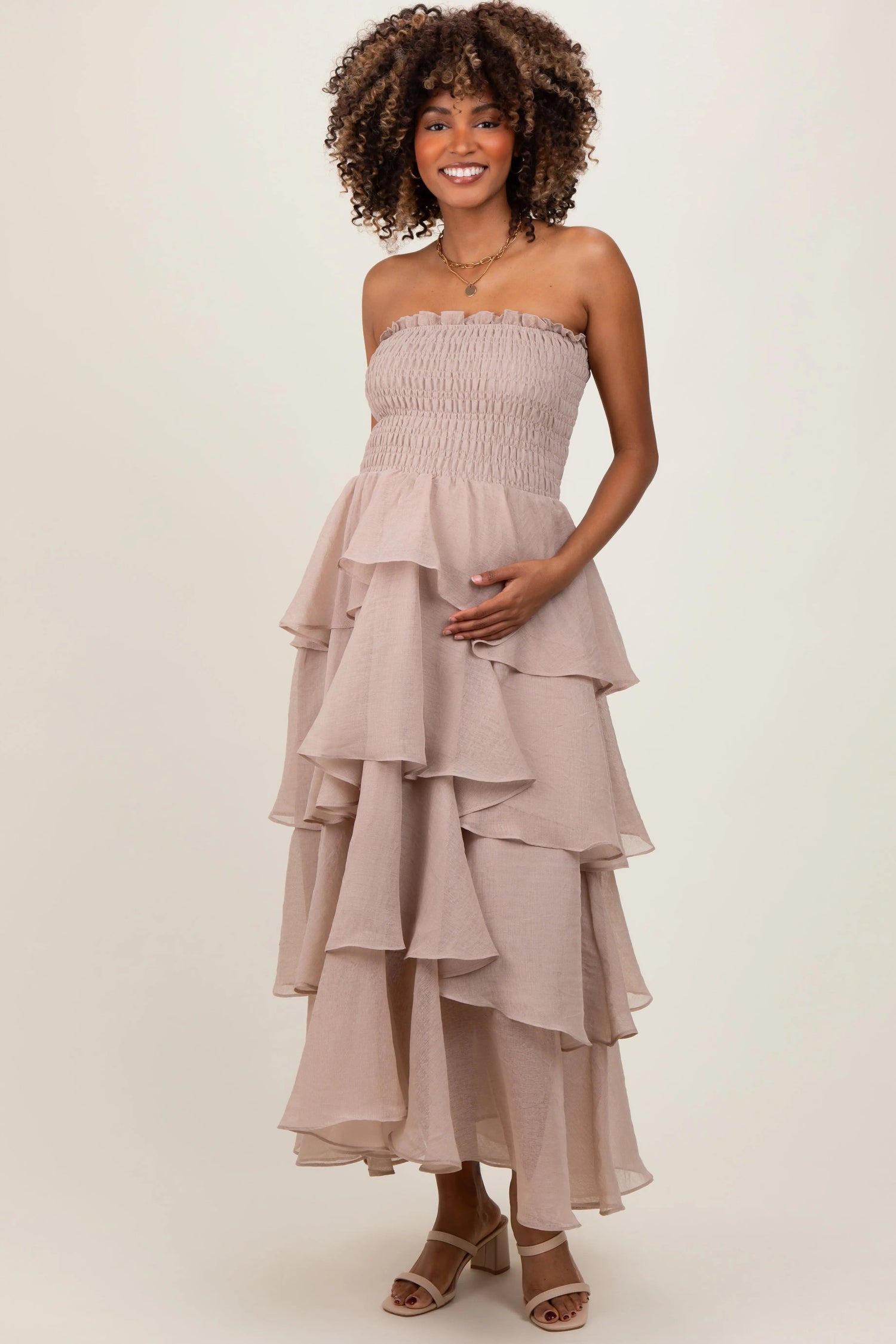 Beige Layered Maternity Maxi Dress - Strapless dress, Dress, Day Dress, One-piece garment, Cocktail dress | Everetts Place