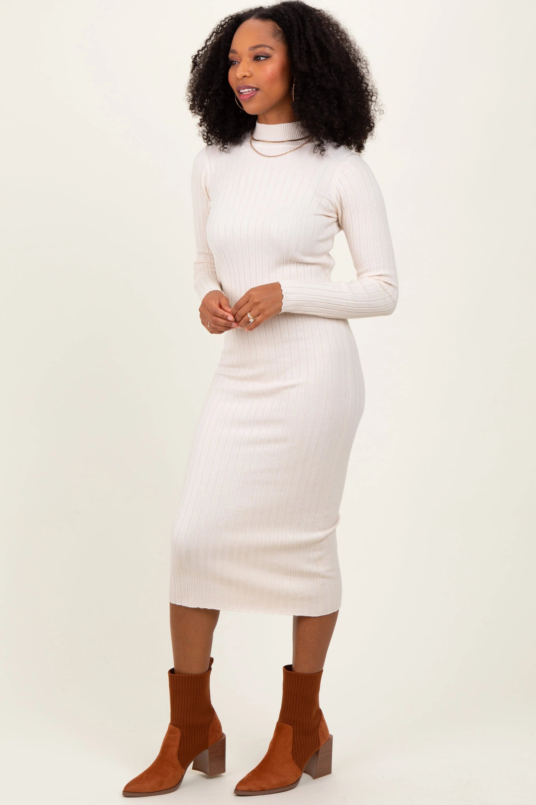 PinkBlush Beige Mock Neck Ribbed Sweater Dress - 