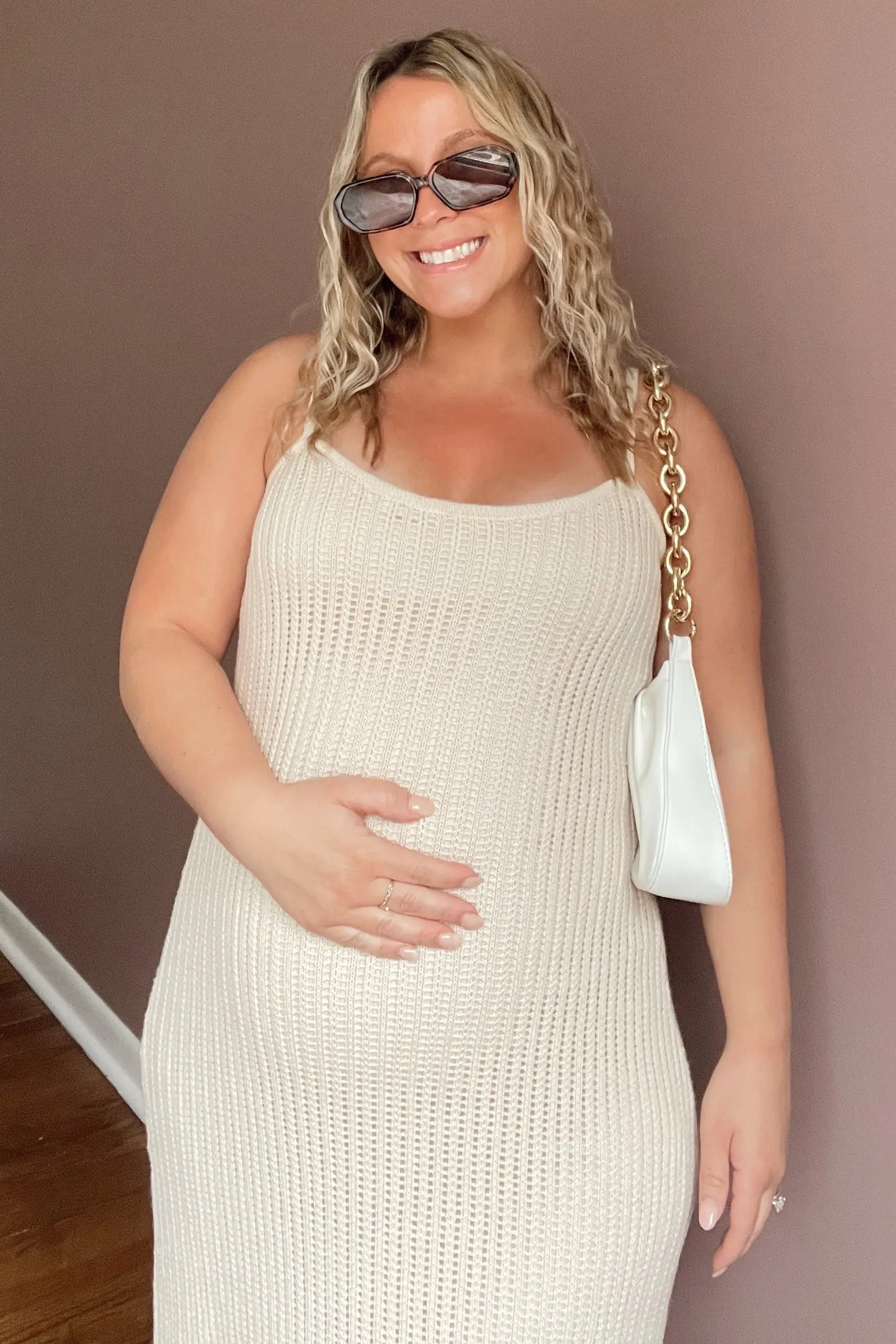 PinkBlush Beige Open Knit Crochet Maternity Midi Dress - 