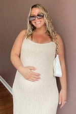 PinkBlush Beige Open Knit Crochet Maternity Midi Dress - 