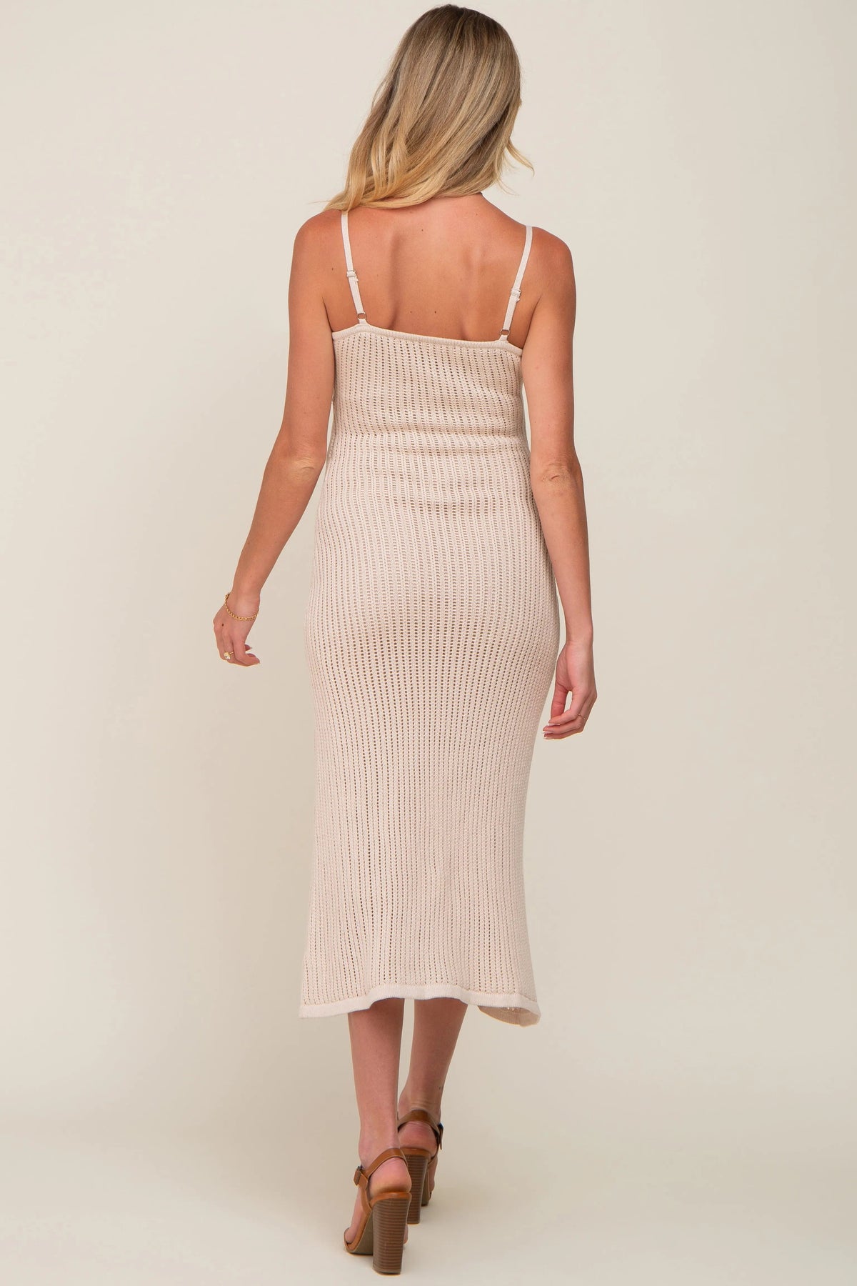 PinkBlush Beige Open Knit Crochet Maternity Midi Dress - 