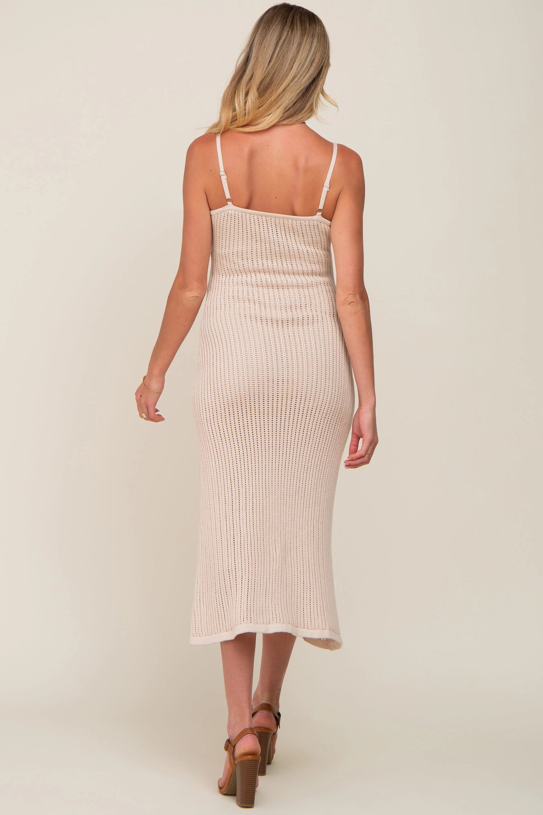 PinkBlush Beige Open Knit Crochet Maternity Midi Dress - 