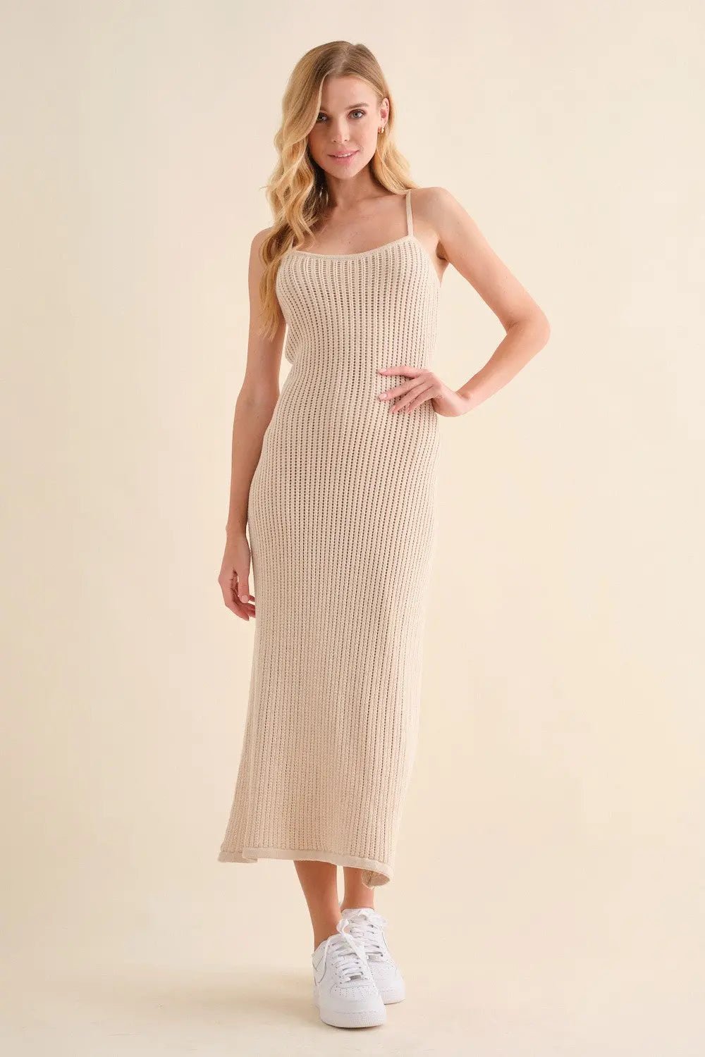 PinkBlush Beige Open Knit Crochet Maternity Midi Dress - 