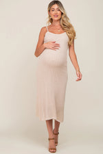 PinkBlush Beige Open Knit Crochet Maternity Midi Dress - 