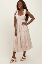 PinkBlush Beige Printed Midi Dress with Tie Straps for Casual Elegant Women - 