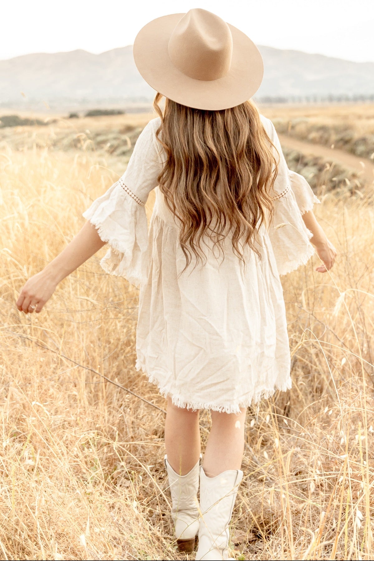 PinkBlush Beige Raw Edge Bell Sleeve Babydoll Dress