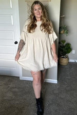 PinkBlush Beige Raw Edge Bell Sleeve Babydoll Dress