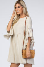 PinkBlush Beige Raw Edge Bell Sleeve Babydoll Dress